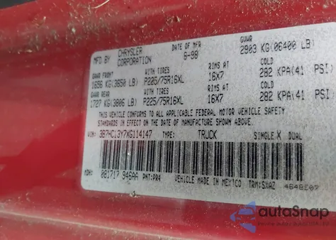 1999 Dodge Ram 1500 St from USA, damaged, VIN 3B7HC13Y7XG114147